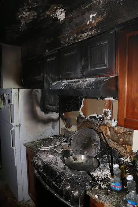 Stovetop fire that charred the cabinets, range hood and walls