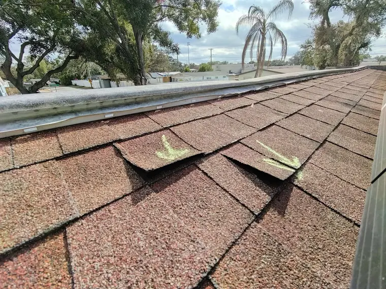 Creased shingles along the ridge